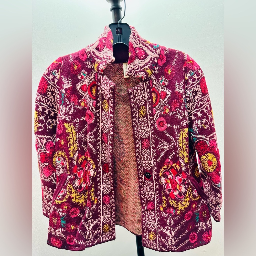 Moth for Anthropologie Berry Multi Floral One-Button, 3/4-Sleeve Cardi, XXS